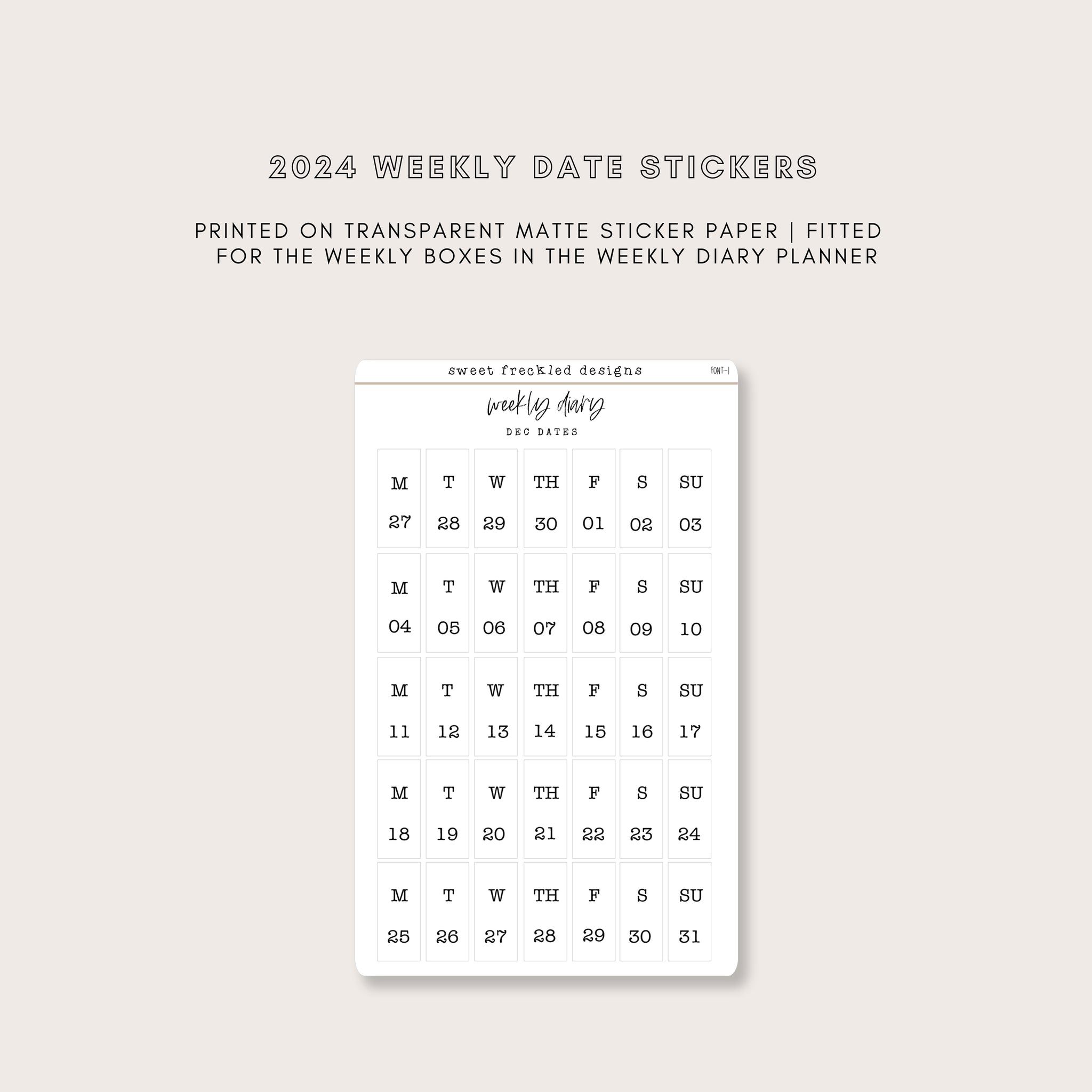 2024 Vertical Weekly Date Stickers (7 Font Choices Available!)