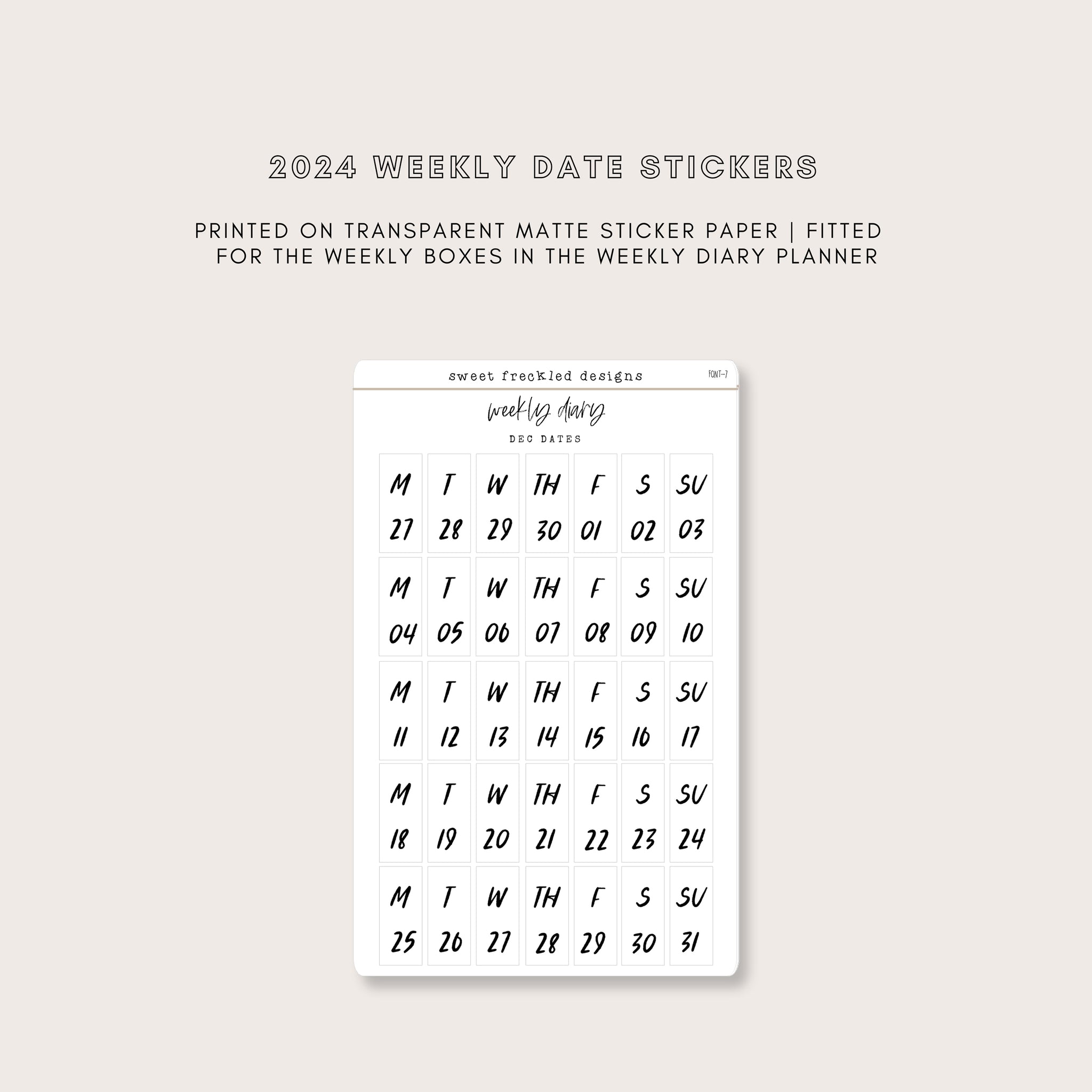 2024 Vertical Weekly Date Stickers (7 Font Choices Available!)
