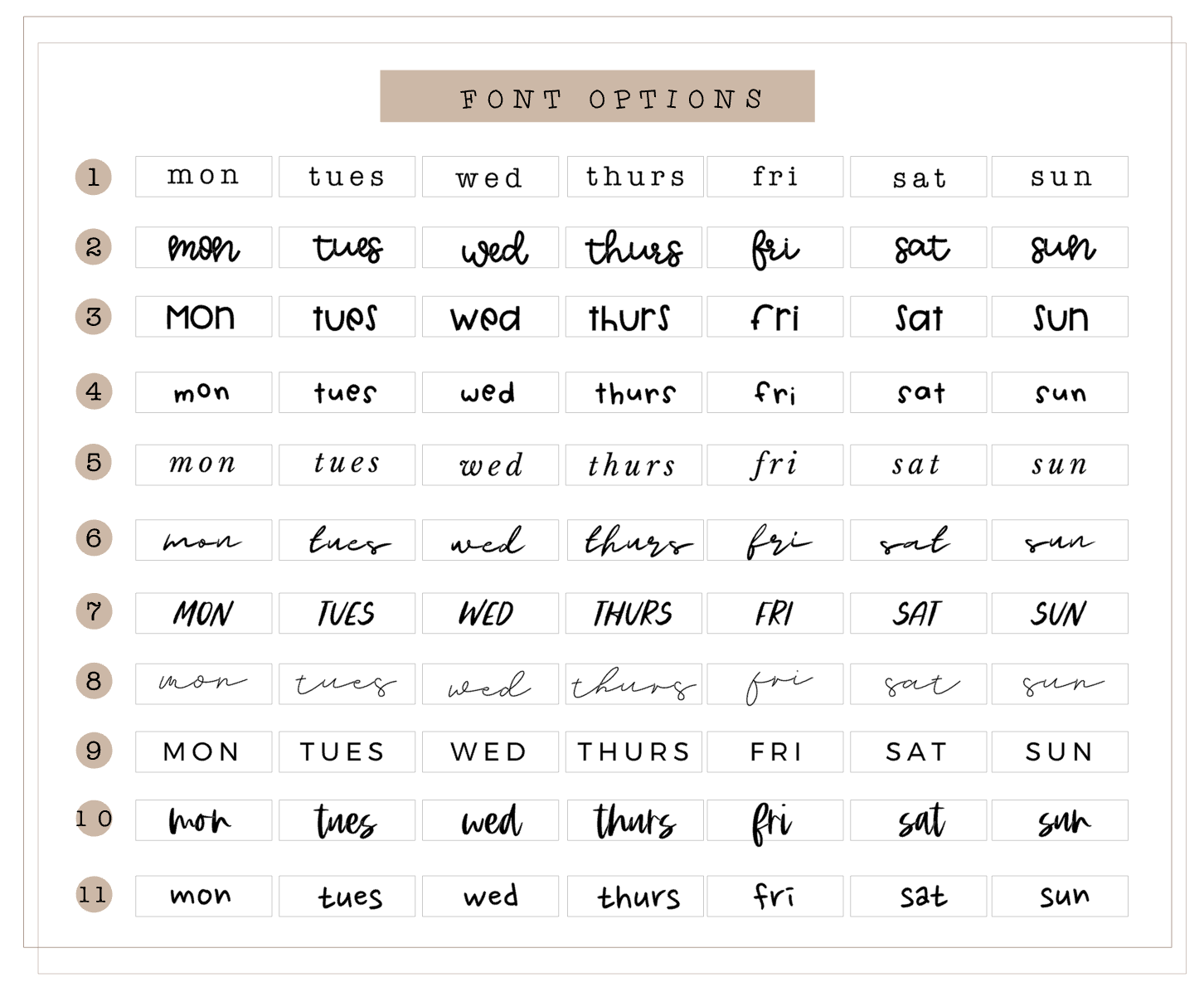 The Weekly Diary: Monthly Days of the Week Stickers (10 Font Choices Available!)