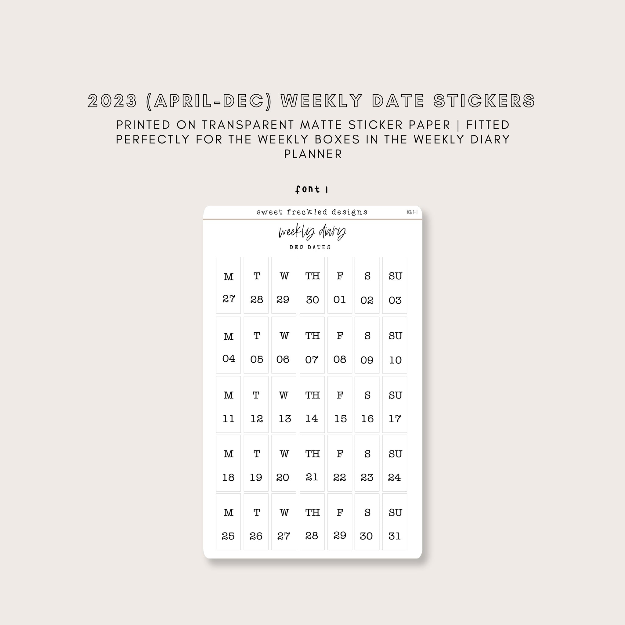 2023 Vertical Weekly Date Stickers (6 Font Choices Available!)